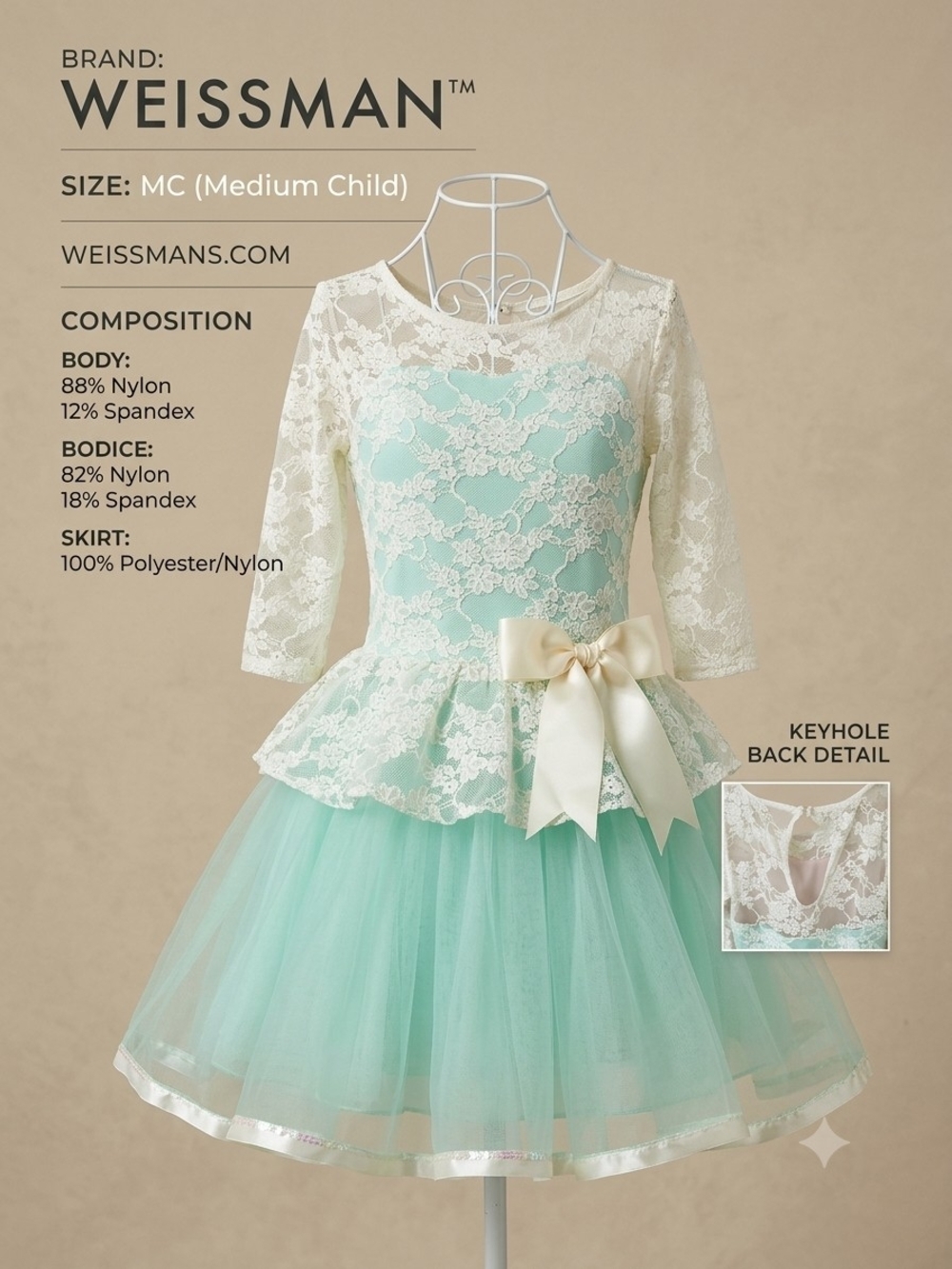 Weissman Girls' Mint Lace Peplum Tulle Costume Dress